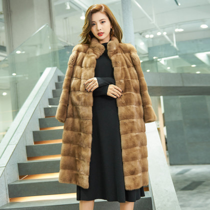 依奴珈丹麦进口水貂女士典雅貂皮大衣时尚横条纹立领皮草外套