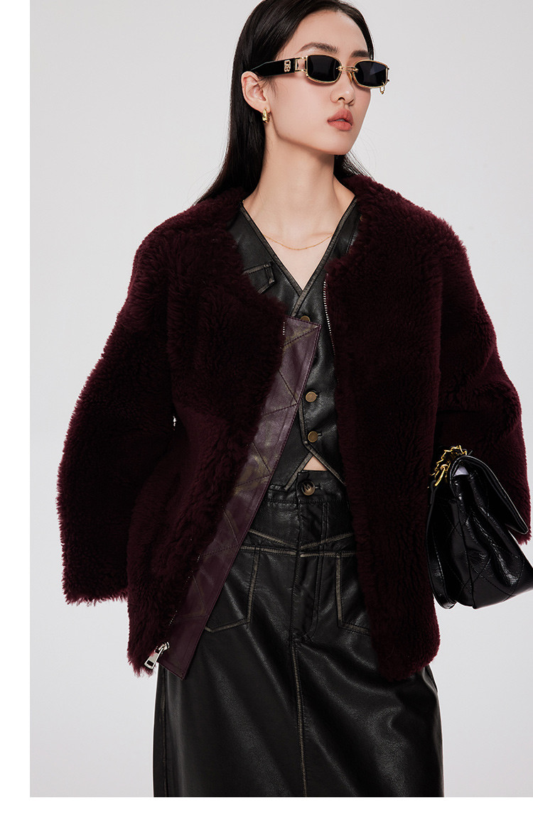 女款百搭圆领进口美利奴羊毛皮时尚皮毛一体大衣外套(尺码偏大)