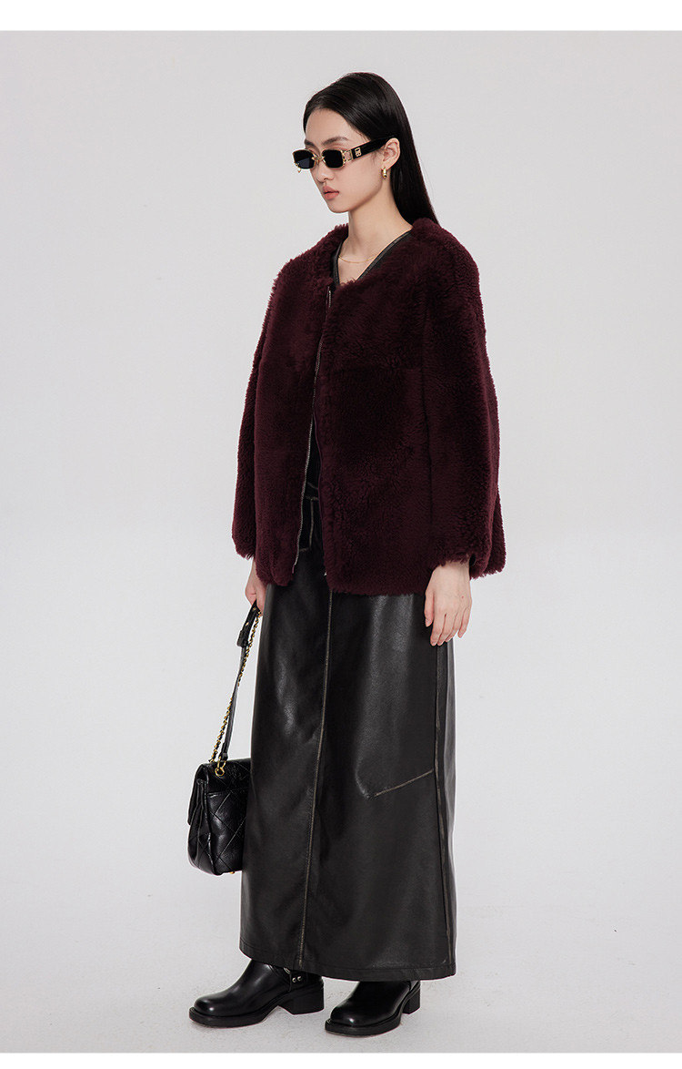 女款百搭圆领进口美利奴羊毛皮时尚皮毛一体大衣外套(尺码偏大)