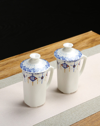 清仓陶瓷杯中式套装精品带盖家用办公会议客房茶杯两个装
