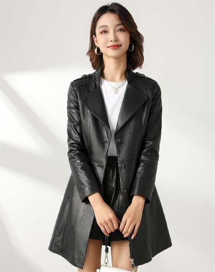 季款绵羊皮西装领休闲中长款风衣皮衣外套女真皮