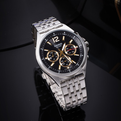 【圣诞礼物】卡西欧手表大众指针三眼表盘商务黑金男表mtp-e303