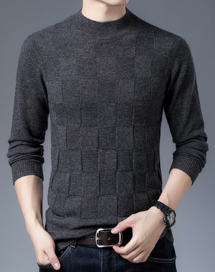 新款圆领纯色男士羊毛衫简约舒适格纹羊毛衫休闲时尚百搭羊毛衫男