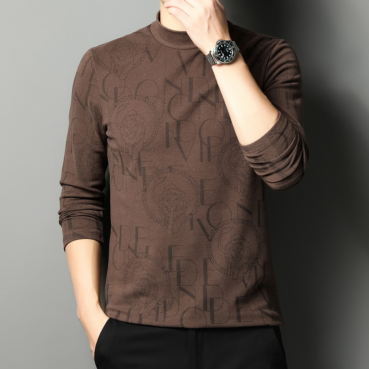 精致印花 双面磨毛打底衫男保暖t恤男长袖t恤男长袖上衣男