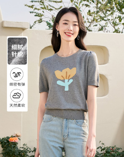 【减龄花朵提花】知性通勤短款t恤针织衫女短袖上衣夏新款薄款