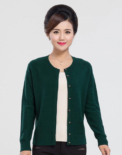 纯羊毛开衫纽扣圆领中老年复古提花厚外穿毛衣女式羊毛衫