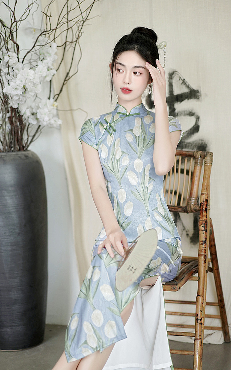 少女郁金香半开襟侧拉链旗袍2023年春夏新款改良短袖年轻