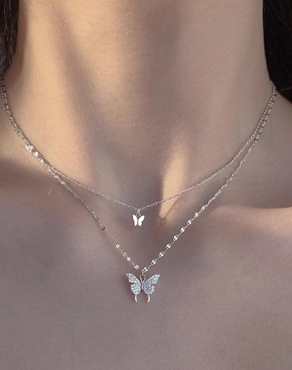 双层蝴蝶项链女优雅精致新款银锁骨链闺蜜女友情人节新年生日礼物