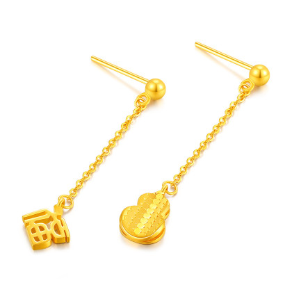 5g工艺蜂巢黄金耳钉葫芦福字足金耳环长款耳坠ab款新年礼物