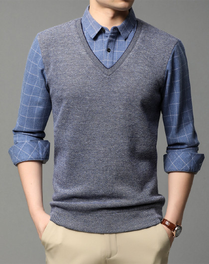 加绒加厚款毛衫衬衫棉保暖假两件男士针织衫青中年秋冬装毛衣