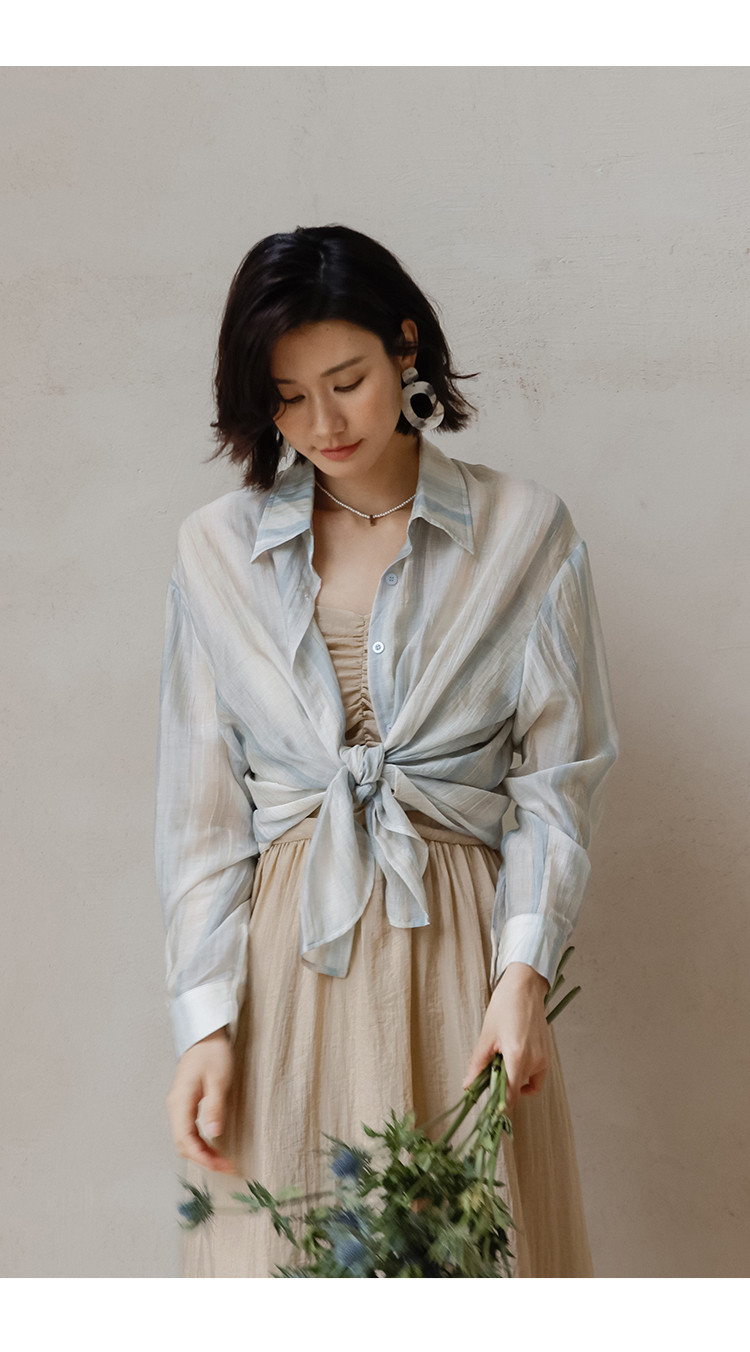 2024新款条纹衬衫外套女夏季高级感薄款长袖衬衣外搭开衫上衣