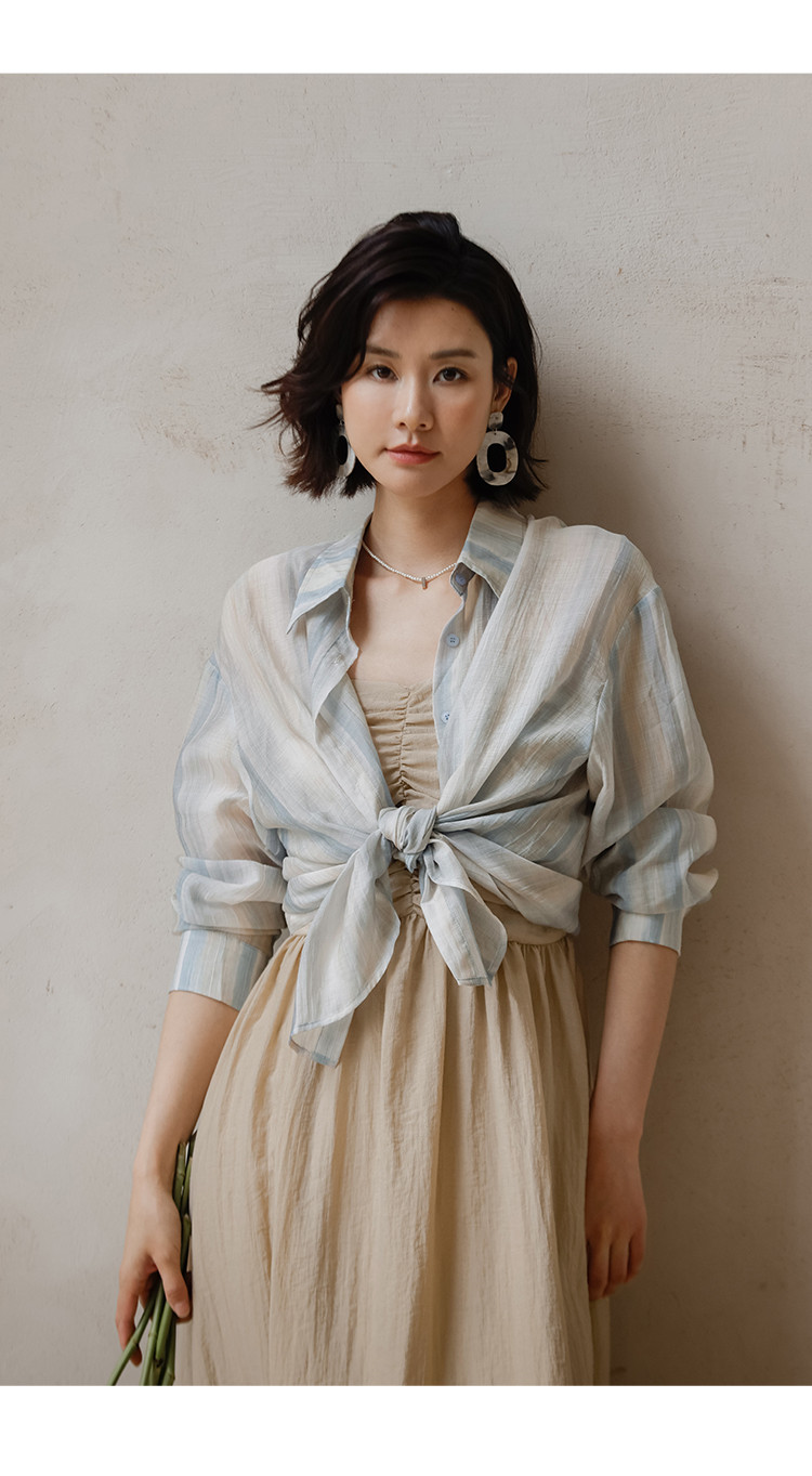 2024新款条纹衬衫外套女夏季高级感薄款长袖衬衣外搭开衫上衣