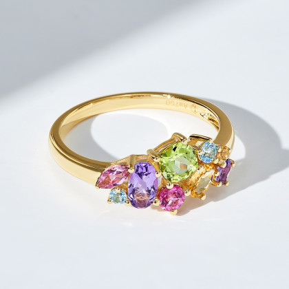 尤珂【和彩弥夏】群镶9颗18k金多色彩宝托帕石女戒宝石戒指