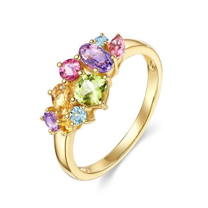 尤珂【和彩弥夏】群镶9颗18k金多色彩宝托帕石女戒宝石戒指