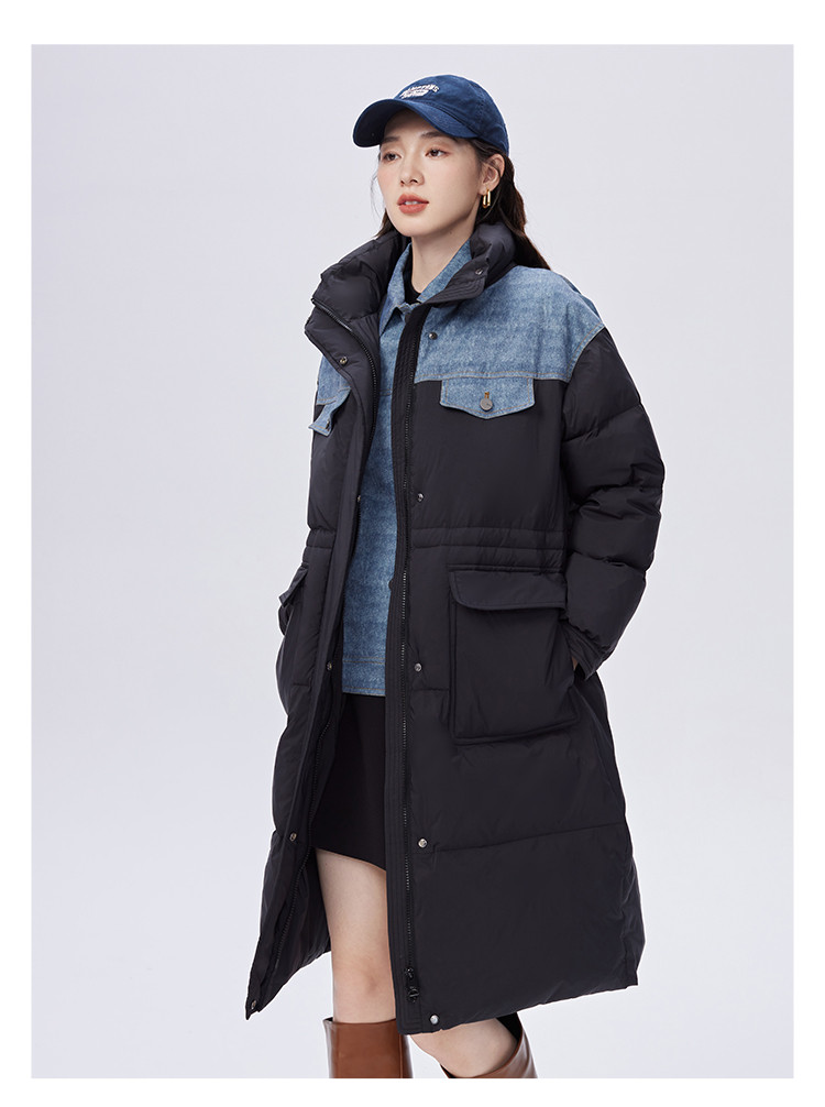 时尚翻领假两件撞色羽绒服女过膝长款双层领外套女