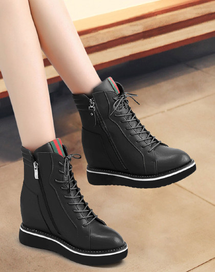 意大利轻奢新款马丁靴女欧美牛皮系带坡跟靴子女靴短靴内增高女鞋