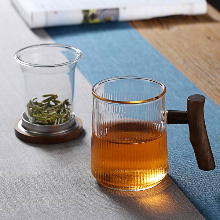 玻璃杯泡茶杯茶水分离带把带盖木质花茶杯加厚大容量耐热水杯