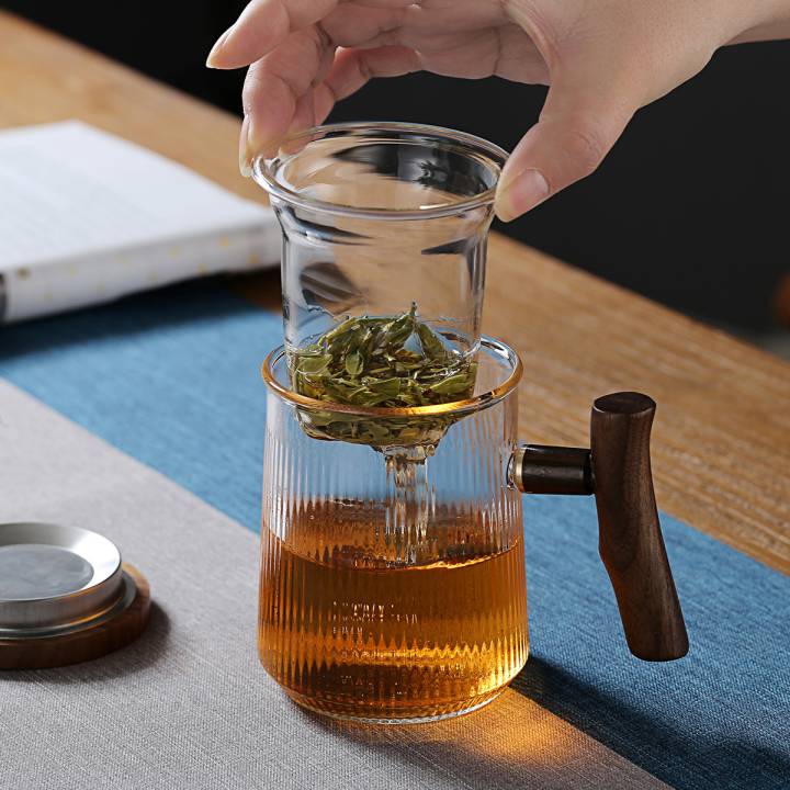 玻璃杯泡茶杯茶水分离带把带盖木质花茶杯加厚大容量耐热水杯