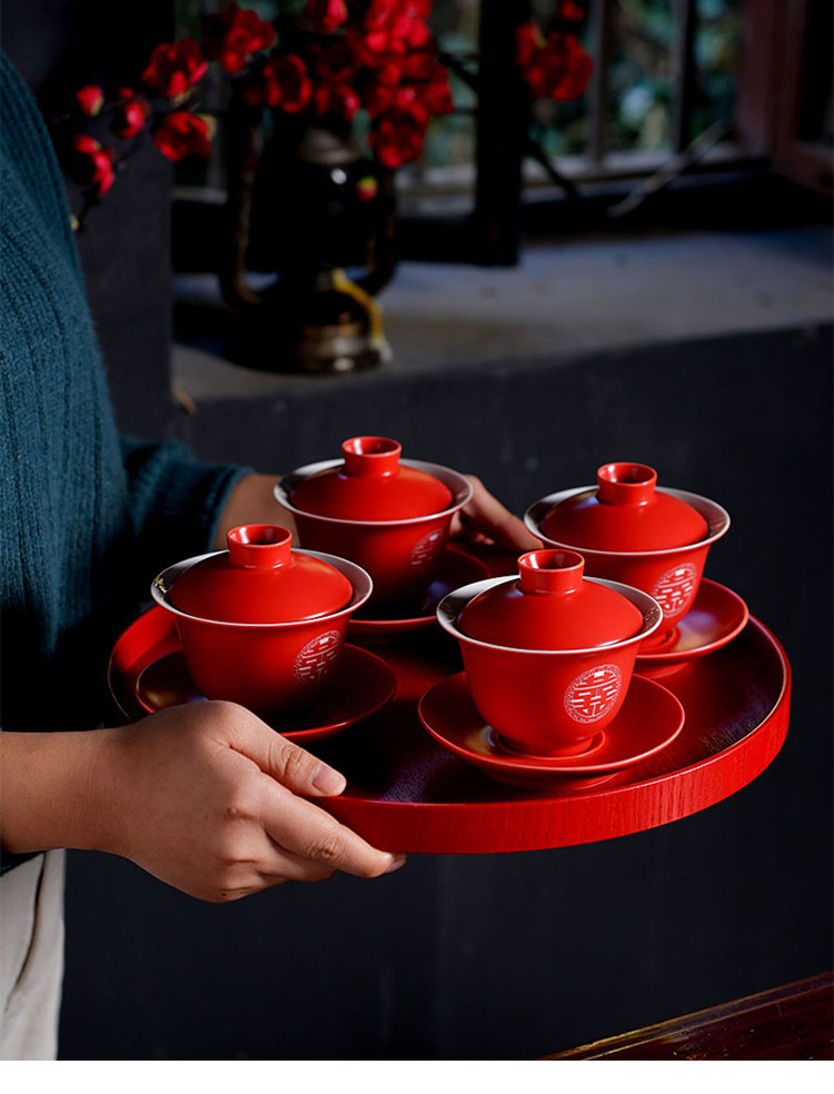 敬茶杯结婚红色盖碗一对双喜三才盖碗改口茶杯茶具陪嫁婚庆用品