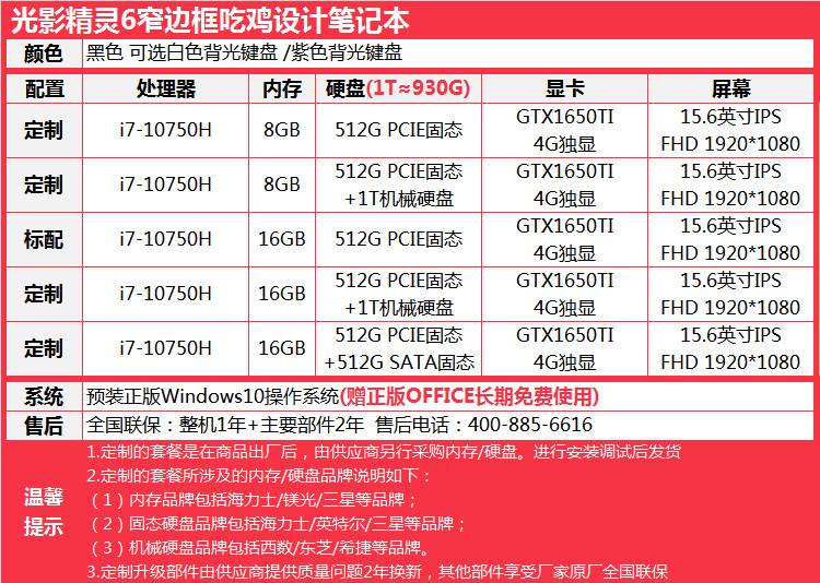 光影精灵6游戏本十代酷睿i5/i7 gtx1650ti笔记本电脑