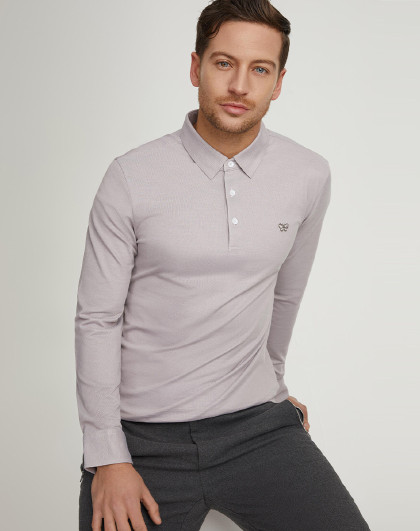 法国丹尼爱特商务休闲长袖棉质polo衫纯色蝴蝶贴标