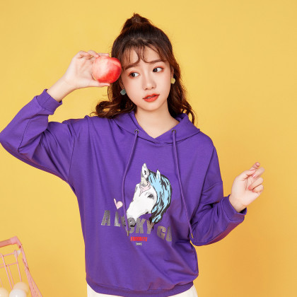 拉夏贝尔旗下女款时尚连帽卫衣秋季新款韩版宽松动物印花上衣