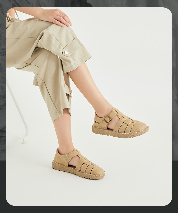 2024夏季款吉普女鞋时尚小众包头罗马凉鞋平底休闲气质女凉鞋