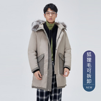 【早春特卖】【可拆卸狐狸毛领】中长款连帽羽绒服男