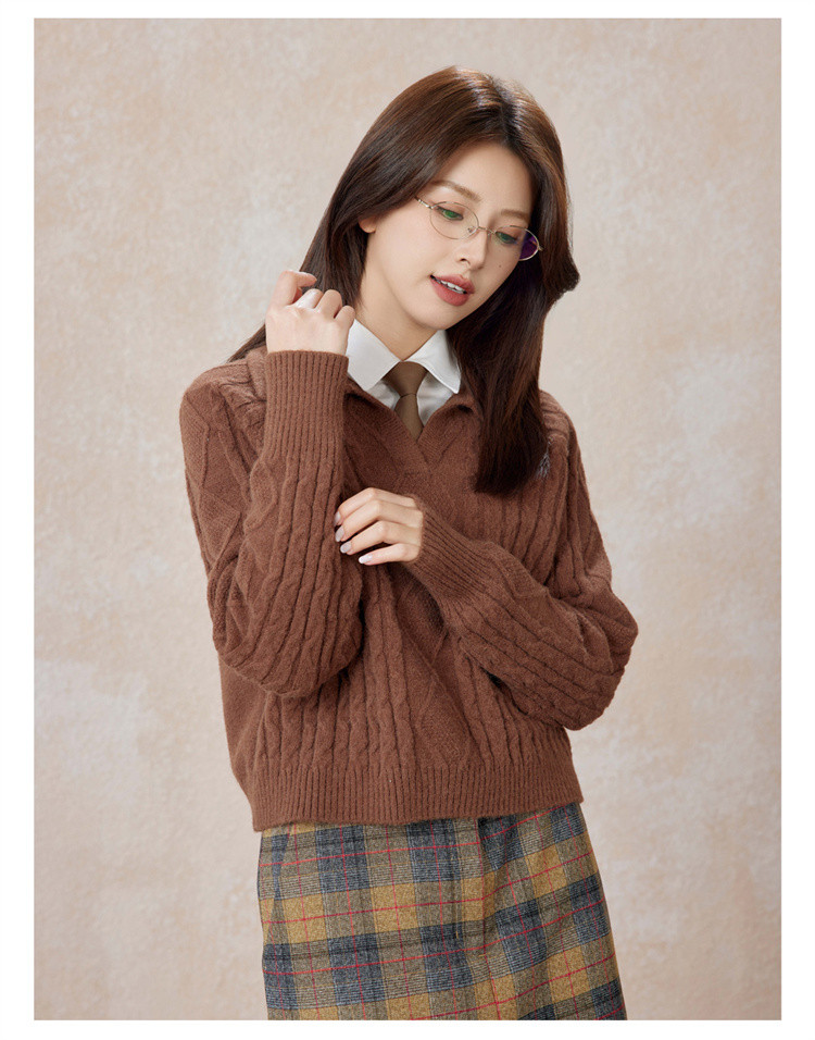 女装宽松翻领插肩半开筒套头长袖针织衫女条纹毛衣洋气减龄上衣女