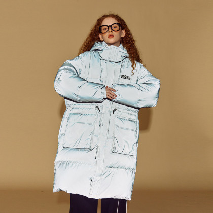 反光色潮牌羽绒服2023冬季潮牌情侣中长款保暖90鸭绒男女同款