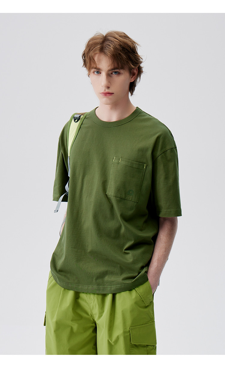 xtikimomoka联名纯色口袋装饰宽松百搭圆领短袖t恤