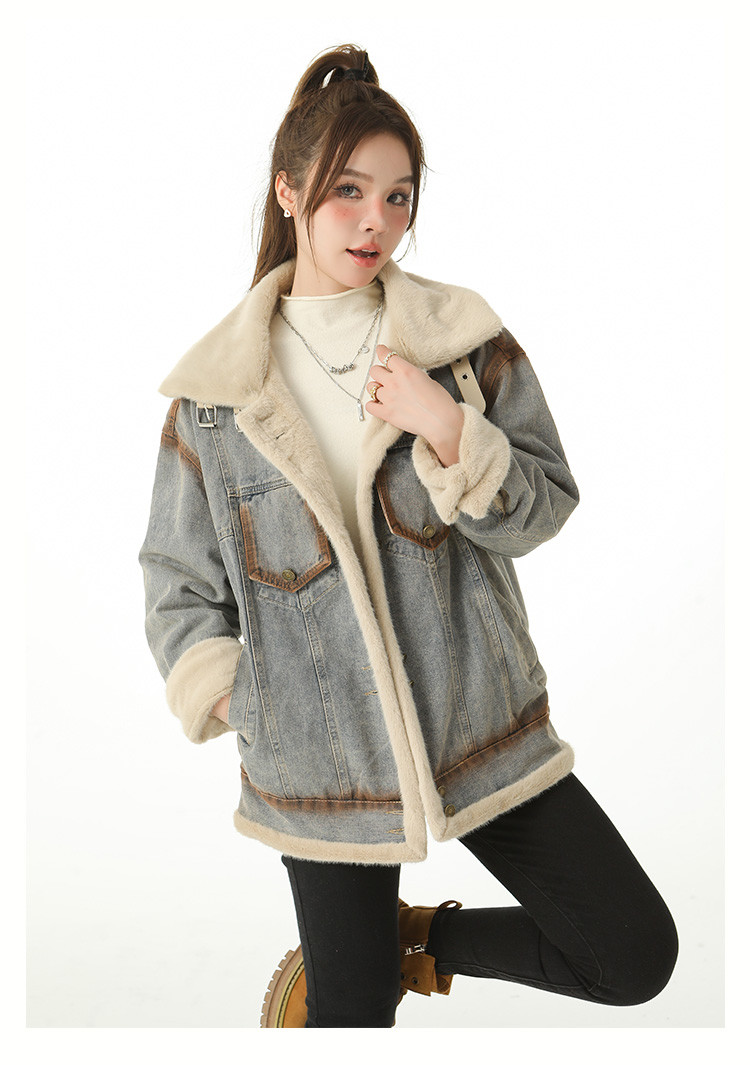 复古牛仔毛毛外套2024新款抗寒加绒加厚派克棉服上衣女