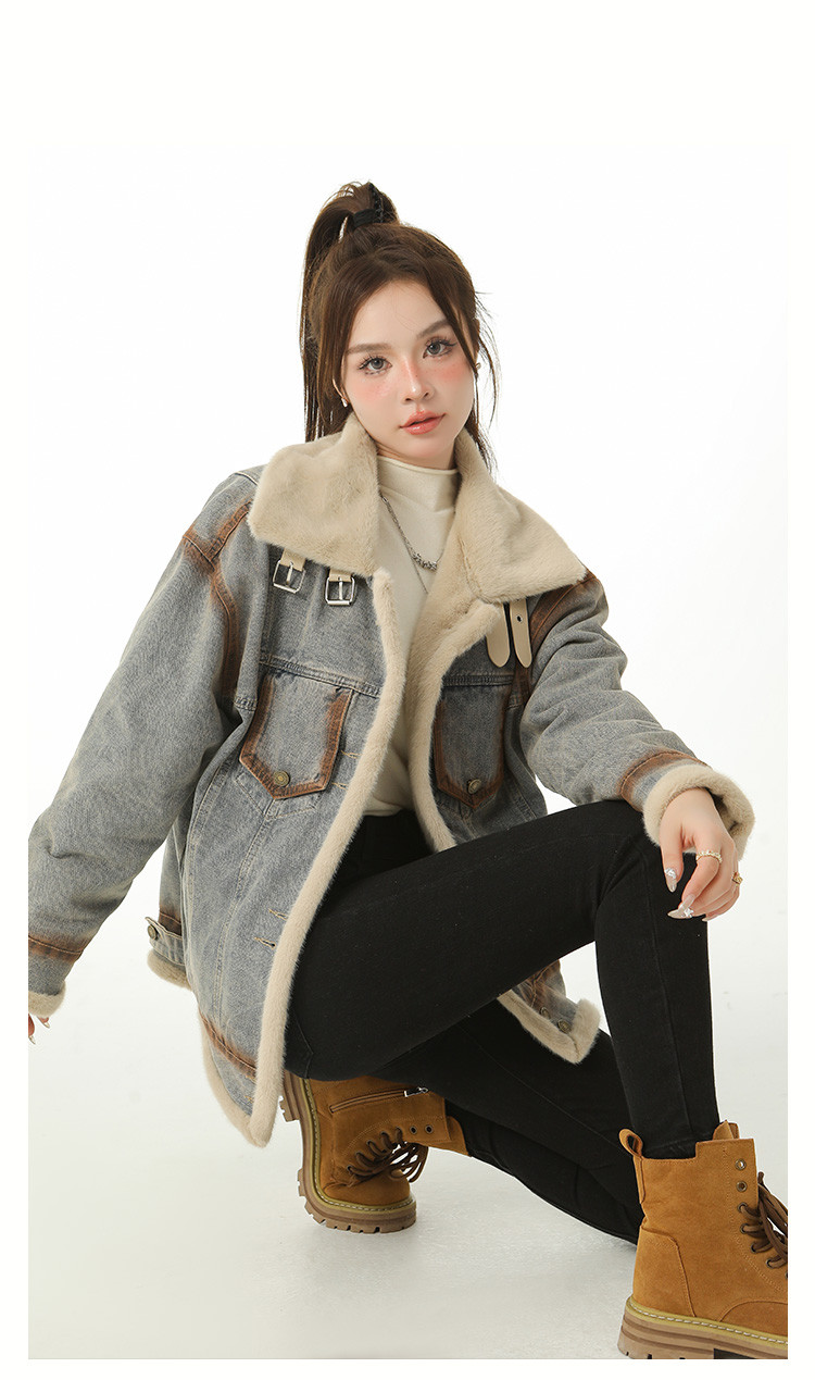 复古牛仔毛毛外套2024新款抗寒加绒加厚派克棉服上衣女