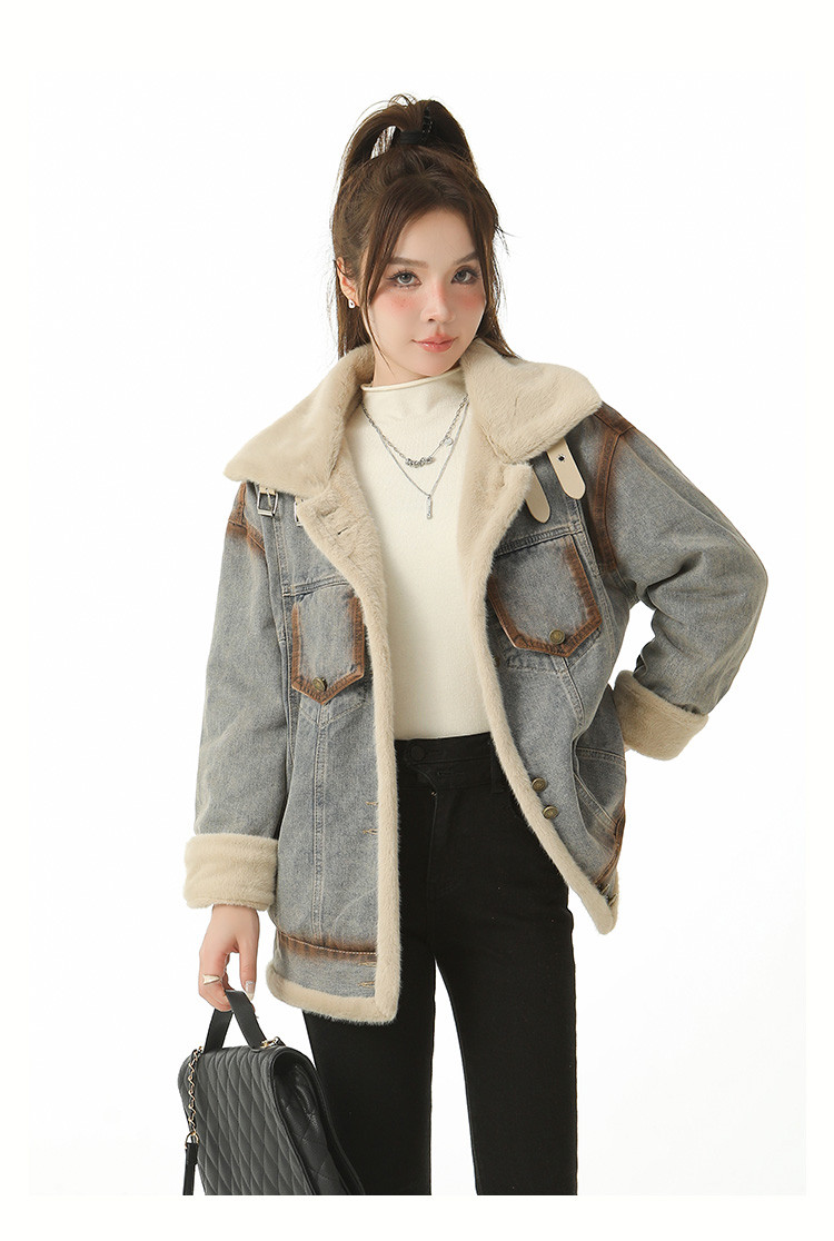 复古牛仔毛毛外套2024新款抗寒加绒加厚派克棉服上衣女