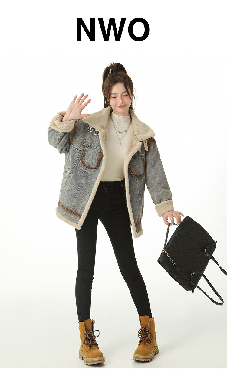 复古牛仔毛毛外套2024新款抗寒加绒加厚派克棉服上衣女