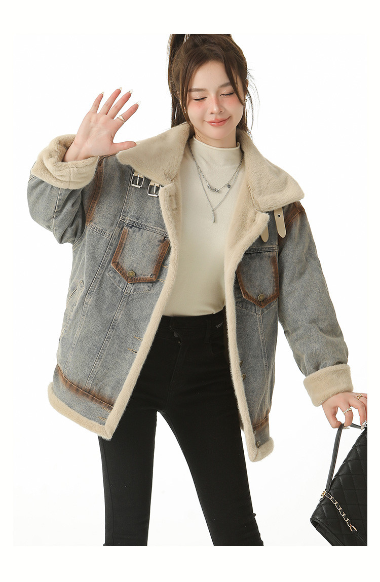 复古牛仔毛毛外套2024新款抗寒加绒加厚派克棉服上衣女