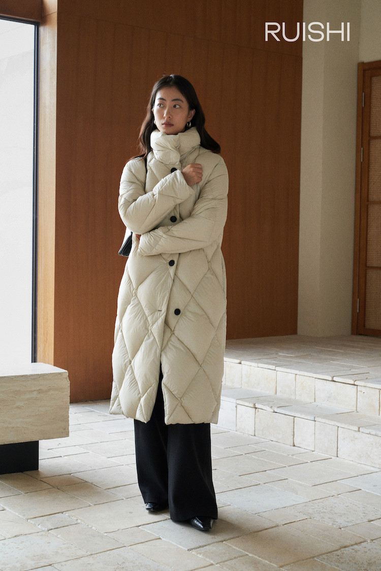 西班牙进口90木拉白鸭绒长款廓型菱格被子羽绒服女冬