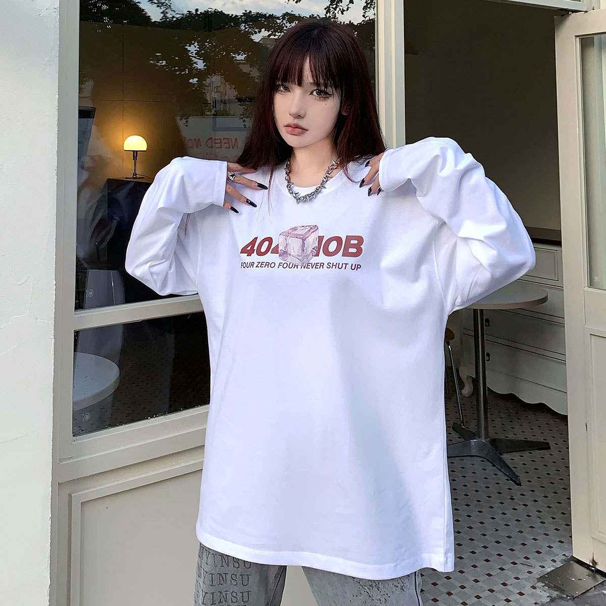 【休闲百搭】春秋立体冰块字母印花长袖T恤男女潮流街头宽松情侣