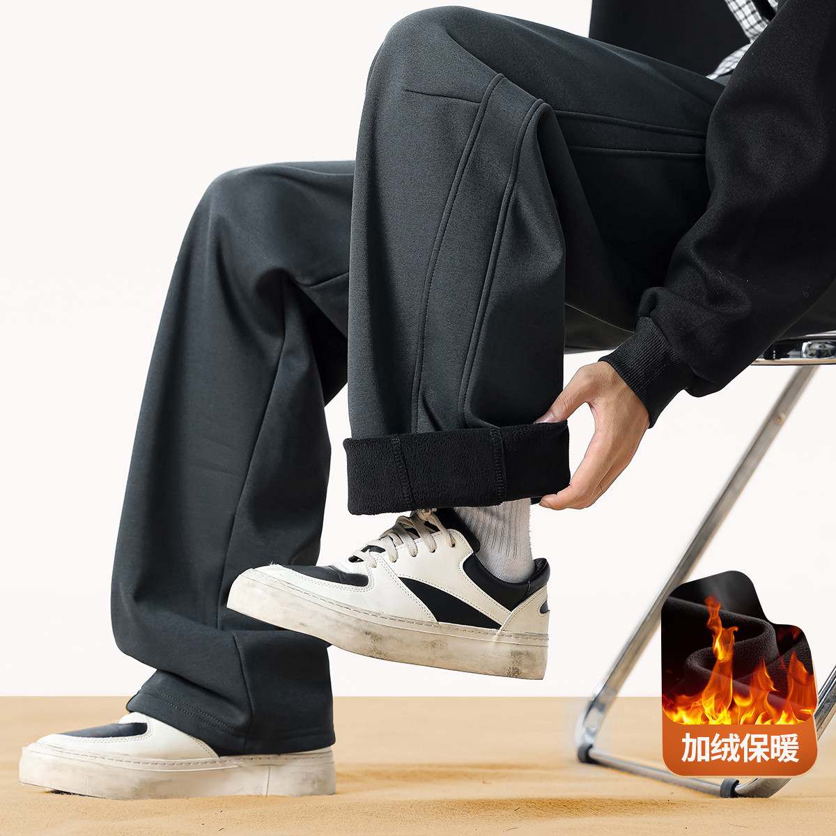 it 【迪桑复合奥粒绒】冬季加绒保暖针织拼接系直筒休闲阔腿裤