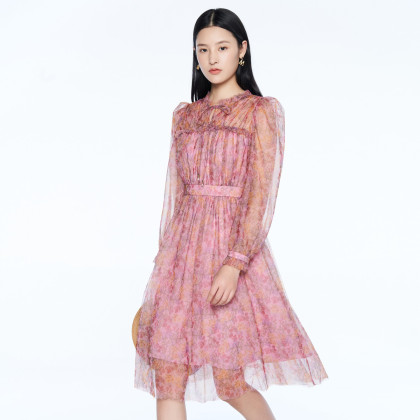 曼娅奴碎花连衣裙女2023春季新款法式印花显瘦网纱中长款裙子