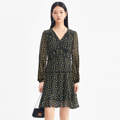 曼娅奴v领连衣裙女秋季款碎花长袖收腰显瘦茶歇短裙子