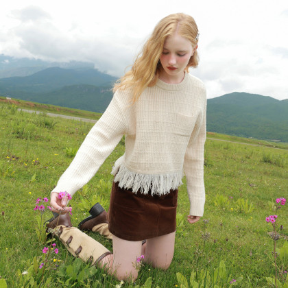 【2024年春季款】肌理针织衫流苏圆领宽松毛衣短款