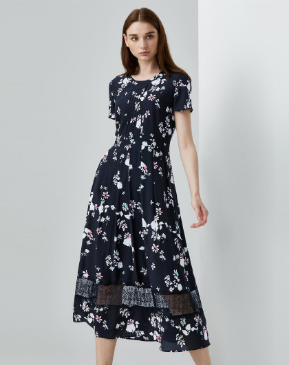 朗姿商场同款夏季桑蚕丝真丝连衣裙印花大摆百搭长款连衣裙