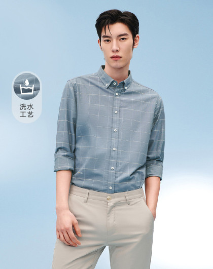 【100%棉】春秋热销纯棉牛津纺格纹长袖男士休闲衬衫