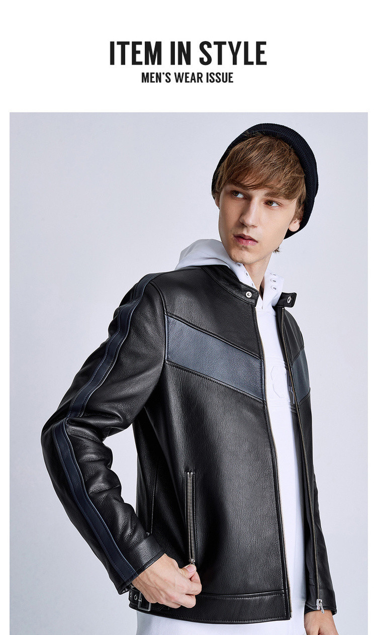 马克华菲男式皮衣19新款修身山羊皮革拼接棒球领真皮外套