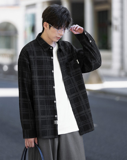 2025秋冬款男士翻领衬衫格子长袖衬衫男士外套衬衫休闲百搭