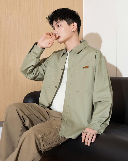 休闲衬衫男翻领前胸双贴袋皮标长袖衬衫男士秋装衬衫百搭潮流