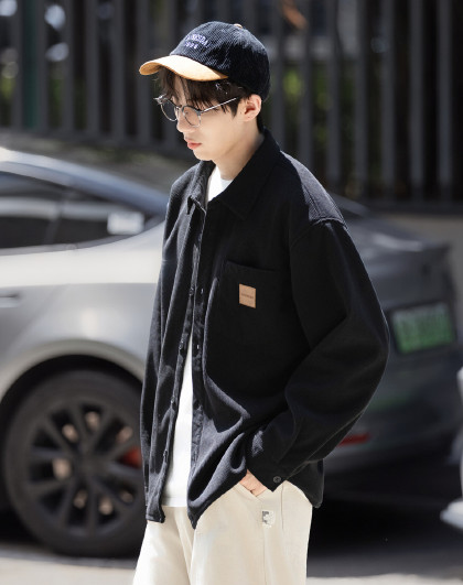 2025秋冬款男款翻领衬衫单口袋小标灯芯绒长袖衬衫休闲时尚