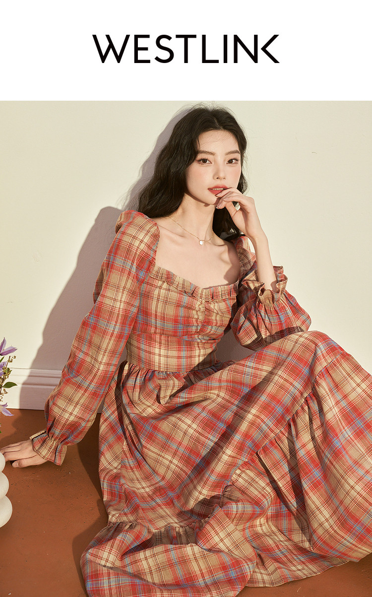 茶歇法式荷叶边连衣裙裙子秋季撞色减龄长袖秋季连衣裙长款