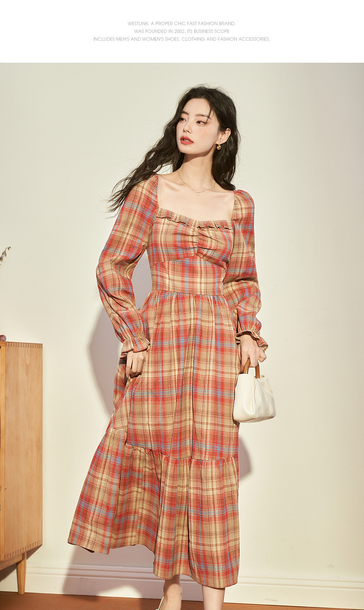 茶歇法式荷叶边连衣裙裙子秋季撞色减龄长袖秋季连衣裙长款